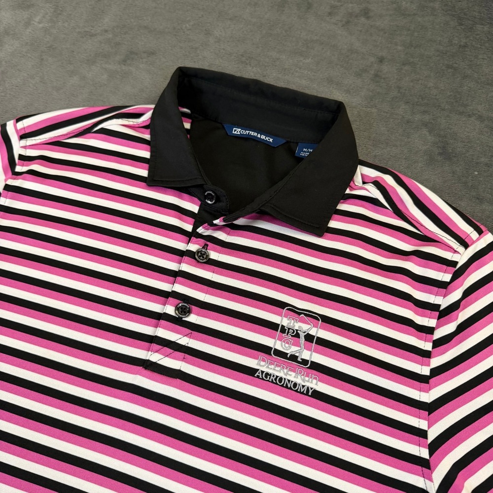 Cutter & Buck TPC Deere Run Polo Shirt Mens Medium Pink Striped Golf Stretch